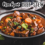 beef stew in a black bowl