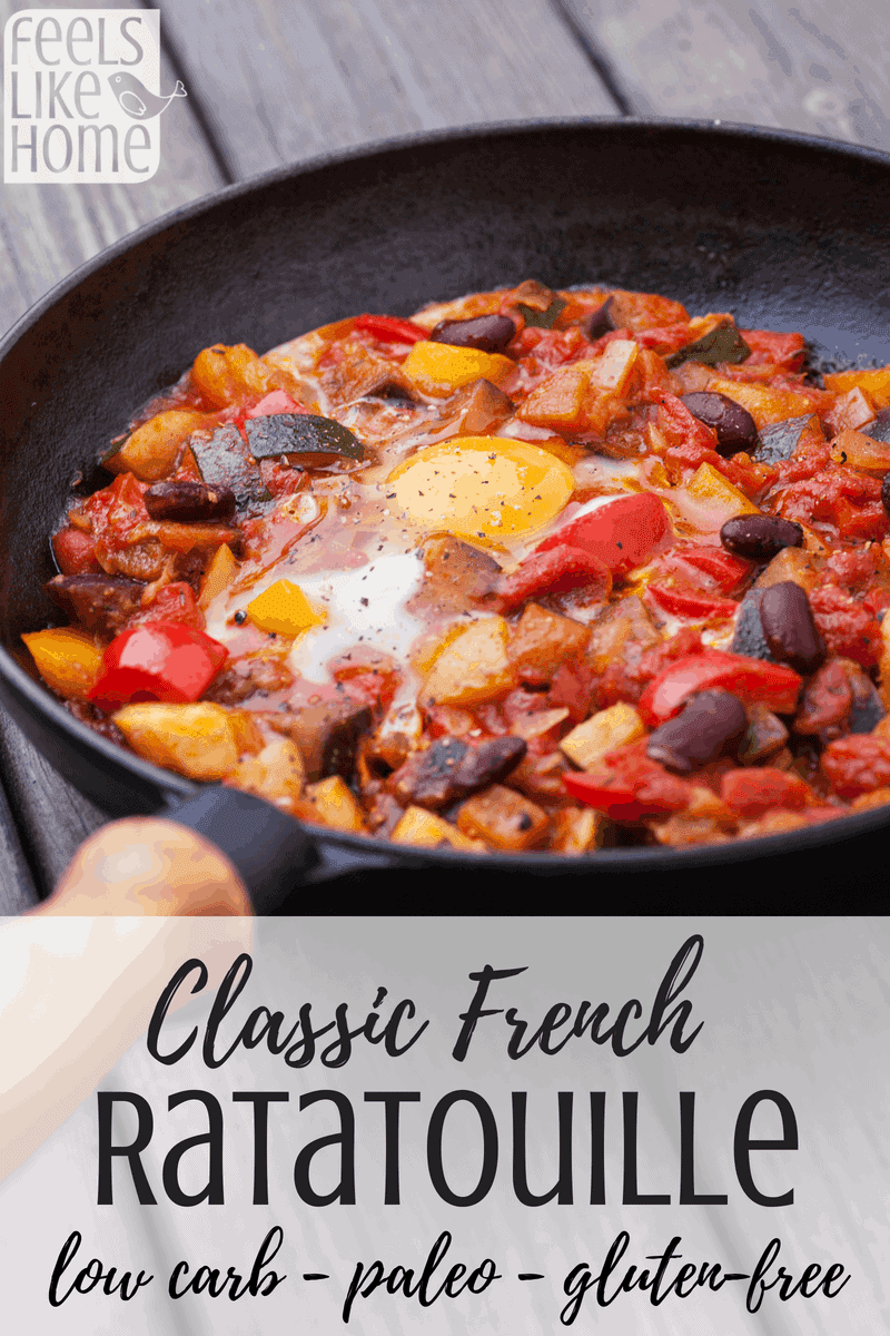 ratatouille in a cast iron skillet with the title "classic French ratatouille"