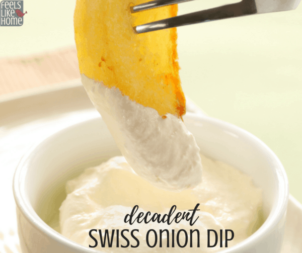 Swiss Onion Dip recipe – This creamy dip is simple, quick, and easy to put together, baked in the oven, and perfect for vegetables, potatoes, crackers, or chips. I tried it and LOVED it!