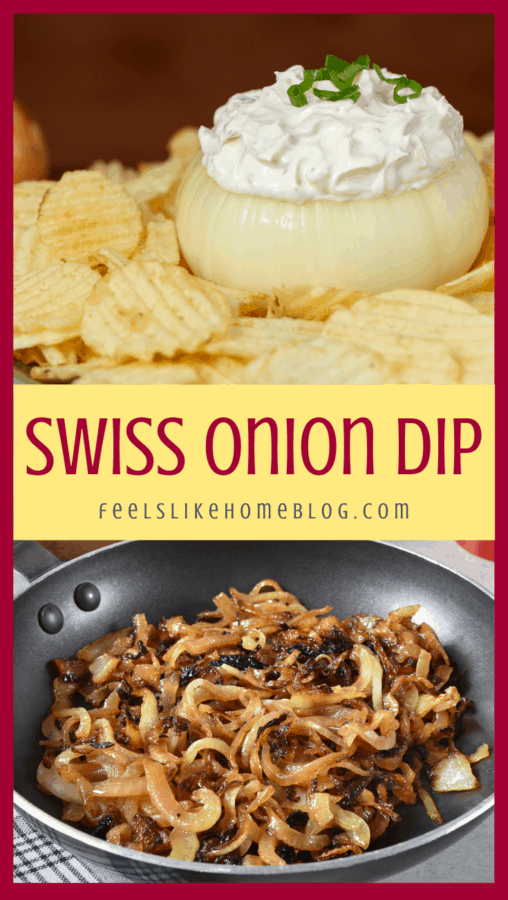 a collage of swiss cheese and onion dip and caramelized onions
