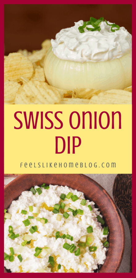 a collage of swiss cheese dip with onions