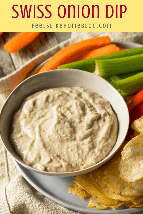 Swiss onion dip with carrot and celery sticks and chips