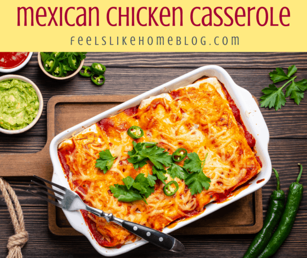 Mexican chicken casserole on a wooden table