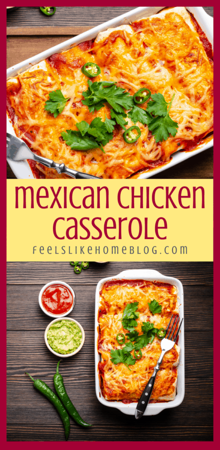 collage of Mexican casseroles with chicken, cilantro, and salsa