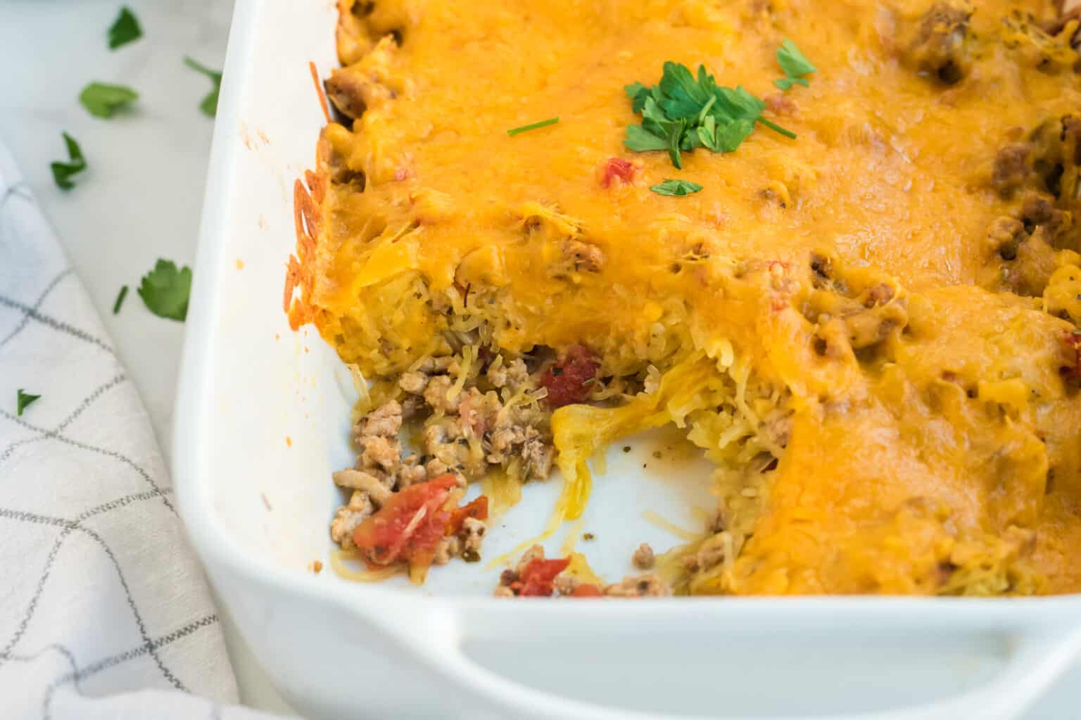 Baked Spaghetti Squash Casserole with Ground Beef & Cheese
