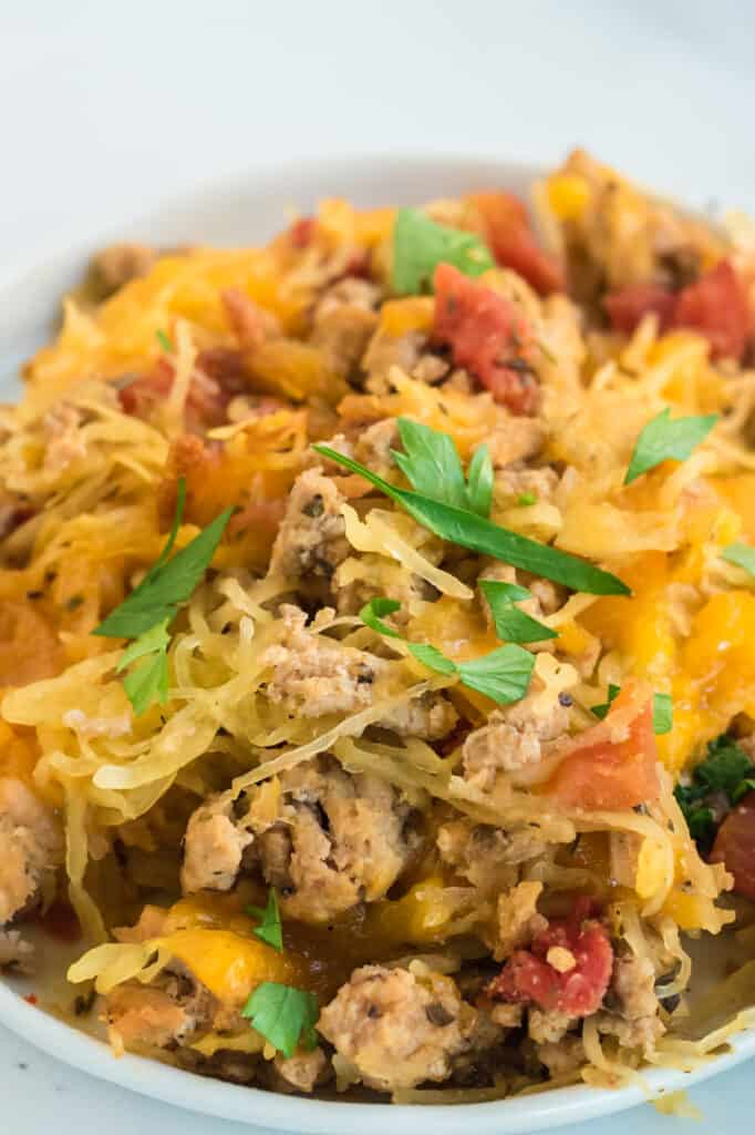 one serving of spaghetti squash casserole on a plate