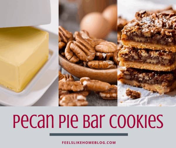 A collage of foods with butter, pecans, and pecan bar cookies