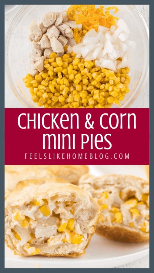 A collage of ingredients and chicken corn mini pies