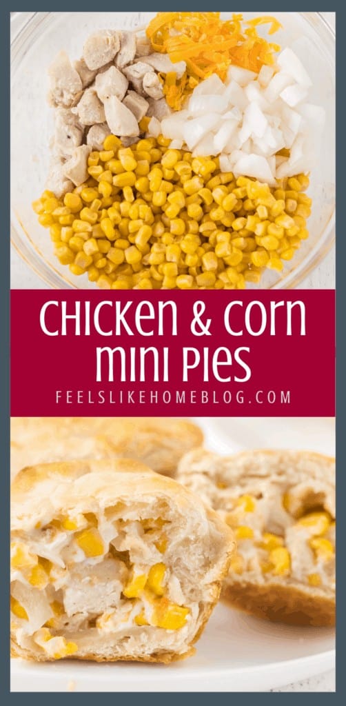A collage of corn mini pies and ingredients