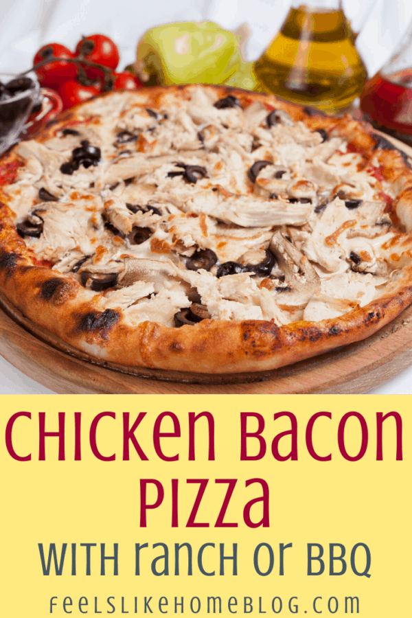 round pizza with bacon and chicken and ranch