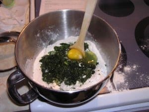pasta dough with spinach and an egg in a mixing bowl