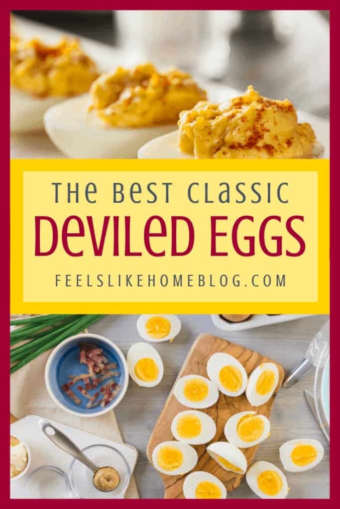 A tray of classic deviled eggs and a bunch of hard boiled eggs on a cutting board