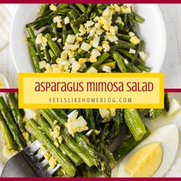 A collage of asparagus with eggs