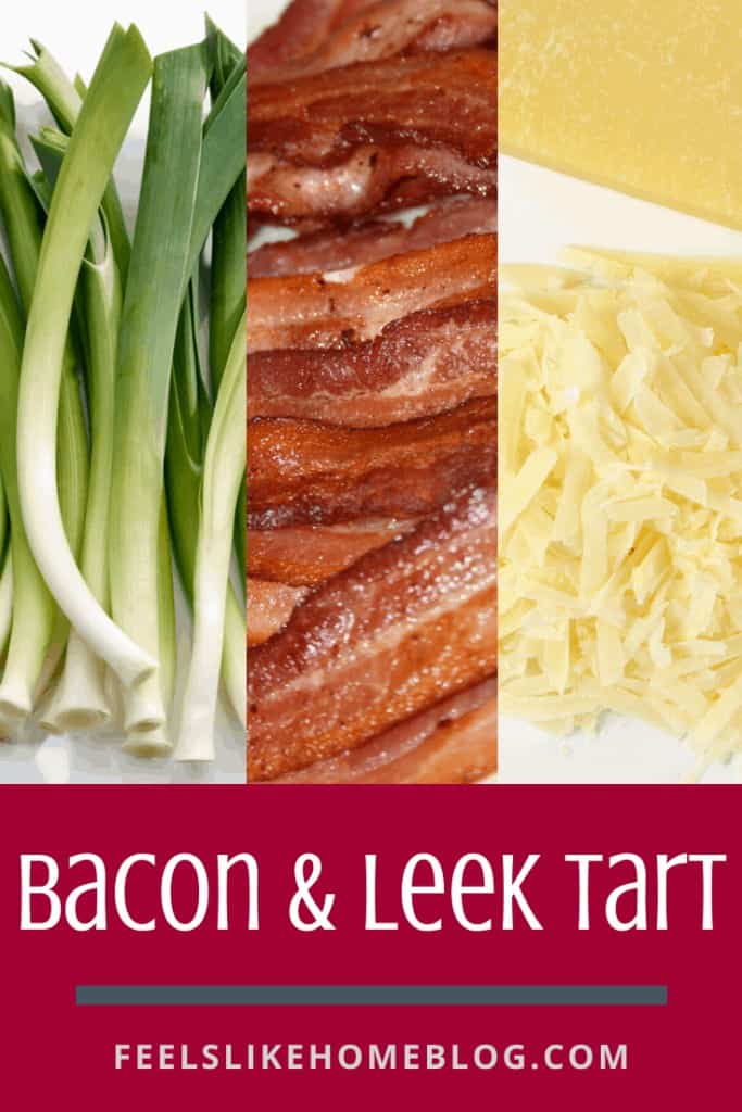 A collage of leeks, bacon, and cheese