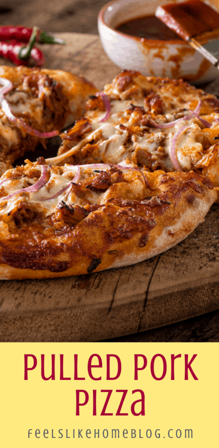 a close up of a pulled pork pizza with BBQ sauce