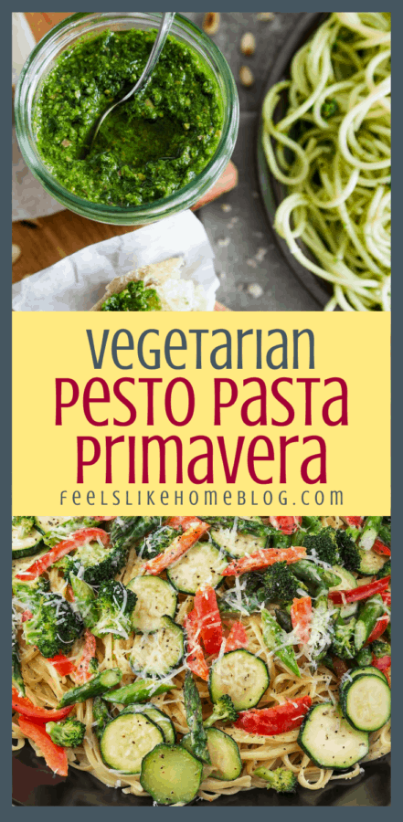 a collage of pesto and pasta primavera with zucchini