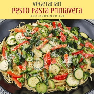 pasta primavera with pesto, zucchini, and spaghetti