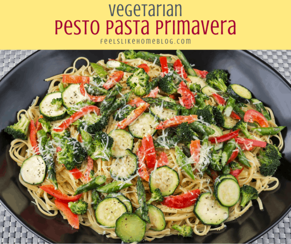 pasta primavera with pesto, zucchini, and spaghetti