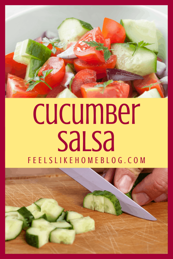 salsa in bowl and cutting cucumber