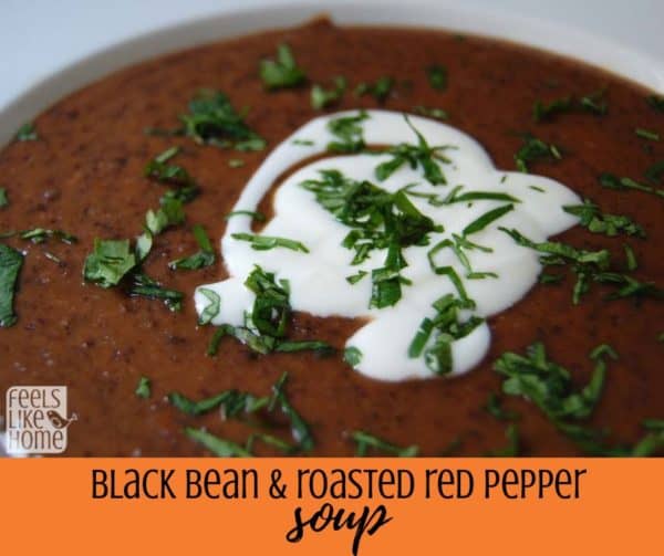 A bowl of black bean and roasted red pepper soup