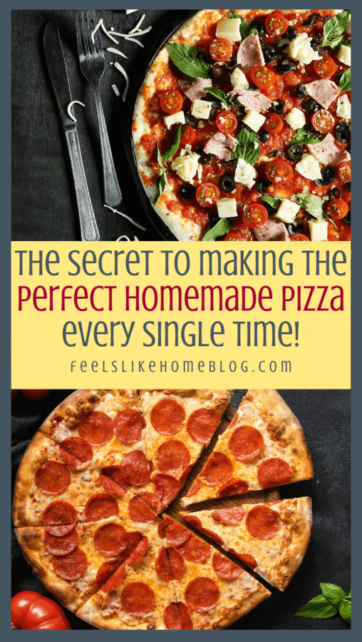 a collage of homemade pizza with pepperoni and ham, tomatoes and chunks of cheese