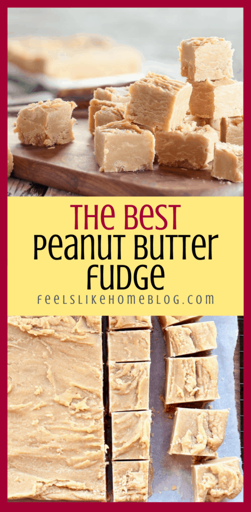 collage of peanut butter fudge on a cutting board