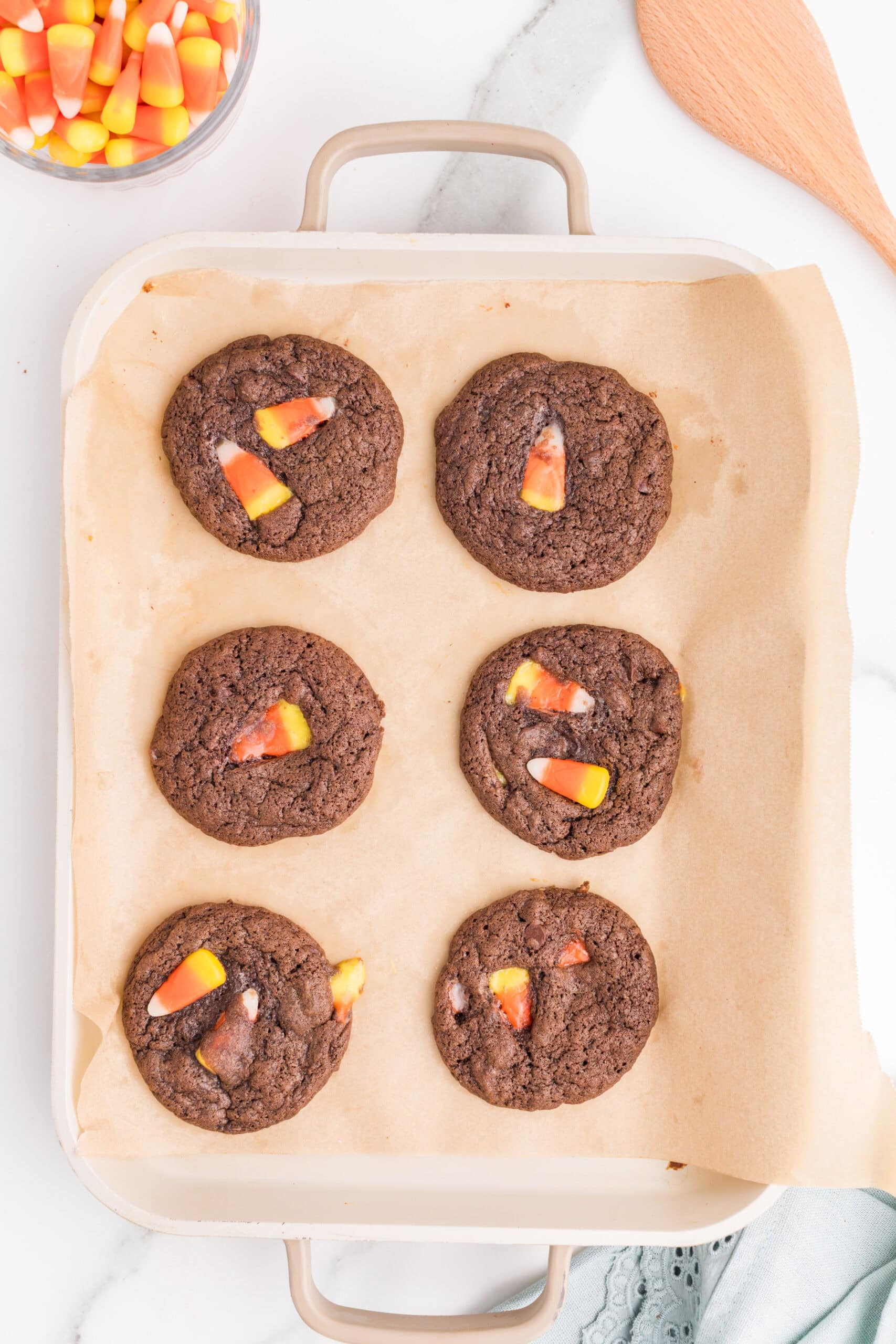 Fresh baked candy corn chocolate cookies