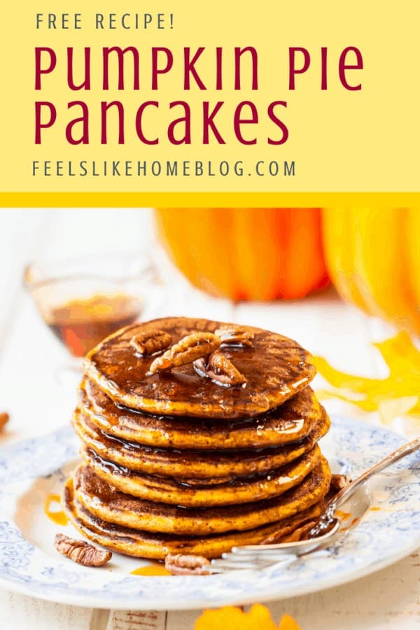 A stack of pancake on a plate, with Pumpkin and pecans