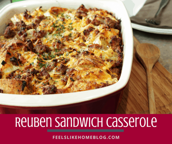 Reuben casserole in the baking dish on a cutting board