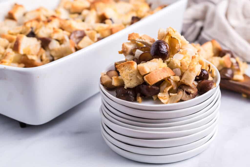 stuffing on a stack of plates