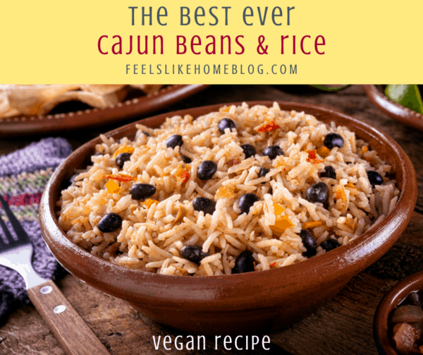 Cajun style red beans and rice in a wooden bowl