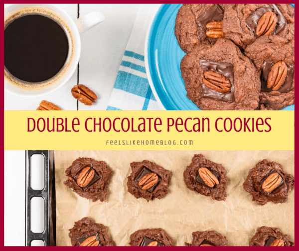 collage of cookies with chocolate and pecans