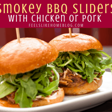 BBQ sliders with the title "Smokey BBQ Sliders with chicken or pork"