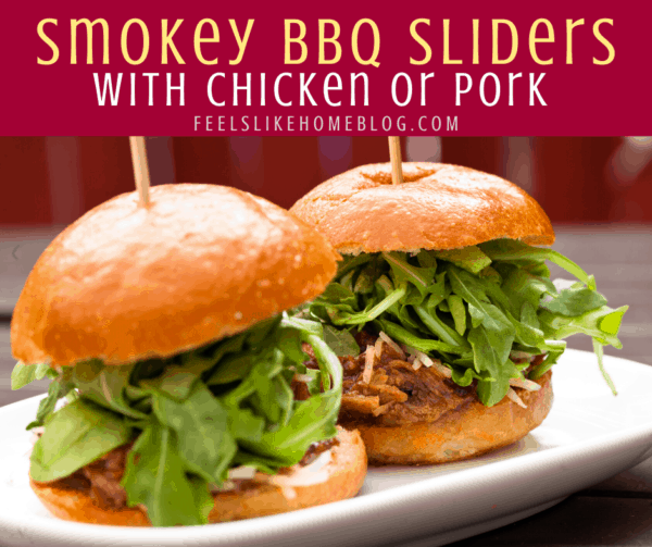 BBQ sliders with the title \"Smokey BBQ Sliders with chicken or pork\"