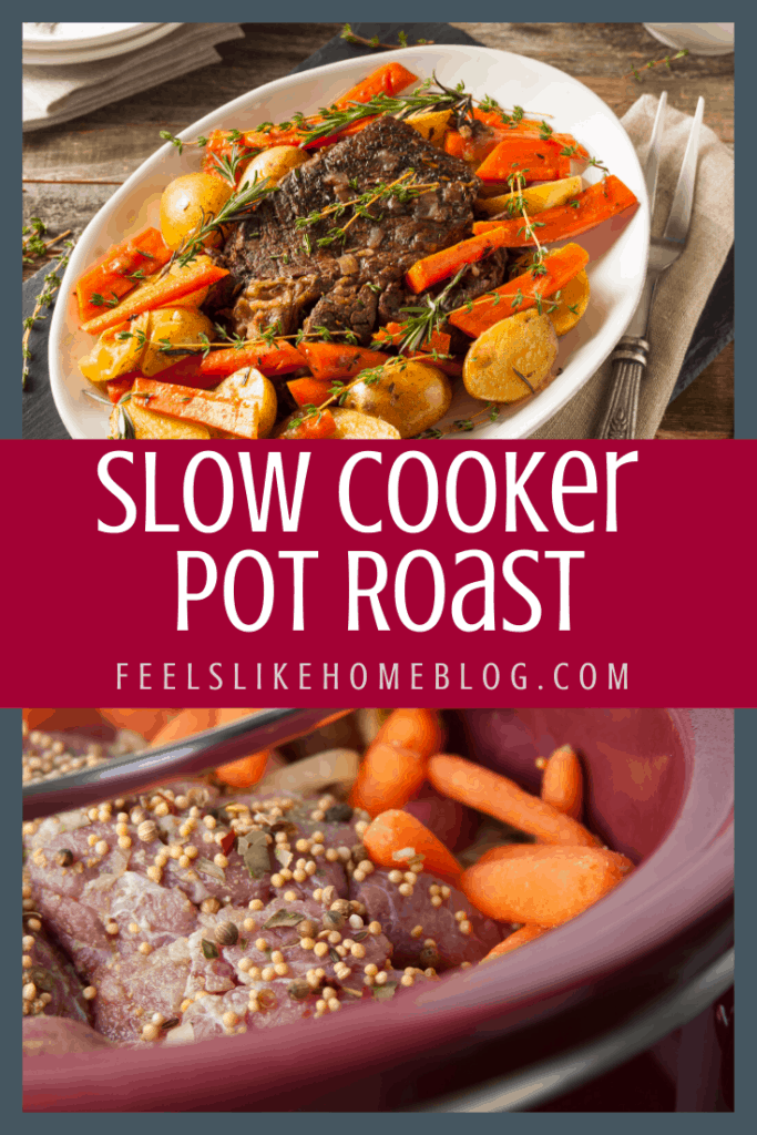 pot roast and veggies in crock pot and on plate