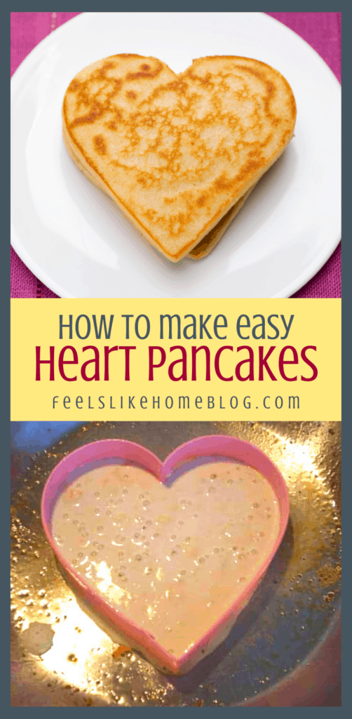 a collage of a pancake in the skillet and on a white plate, with heart shaped
