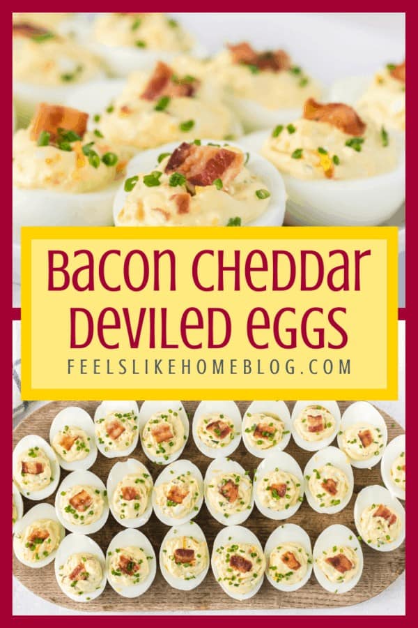 A close up of bacon cheddar deviled eggs