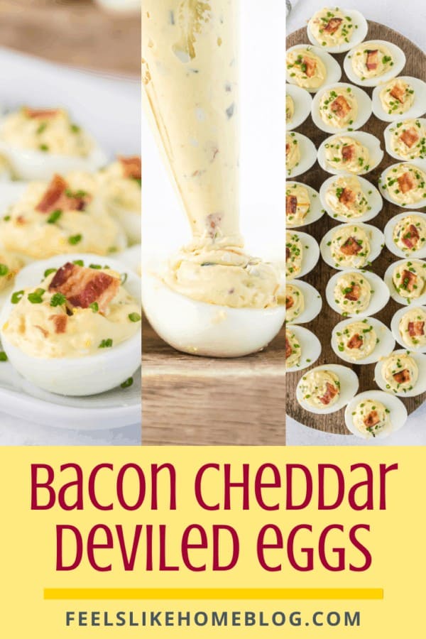 a collage of deviled eggs with bacon, filling the eggs with a piping bag, and a tray of hard boiled eggs