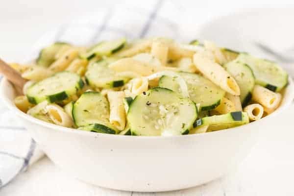 finished cucumber pasta salad in bowl