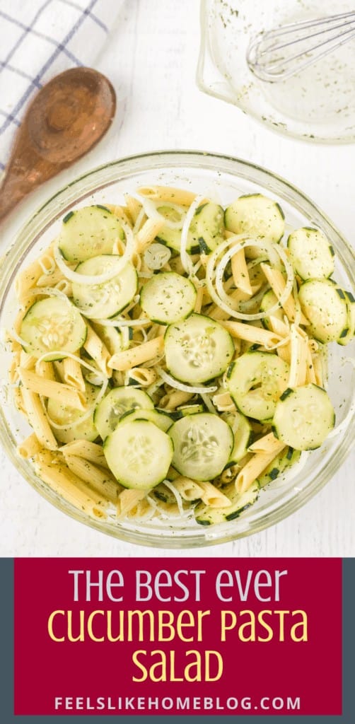 A bowl of cucumber pasta salad with onions
