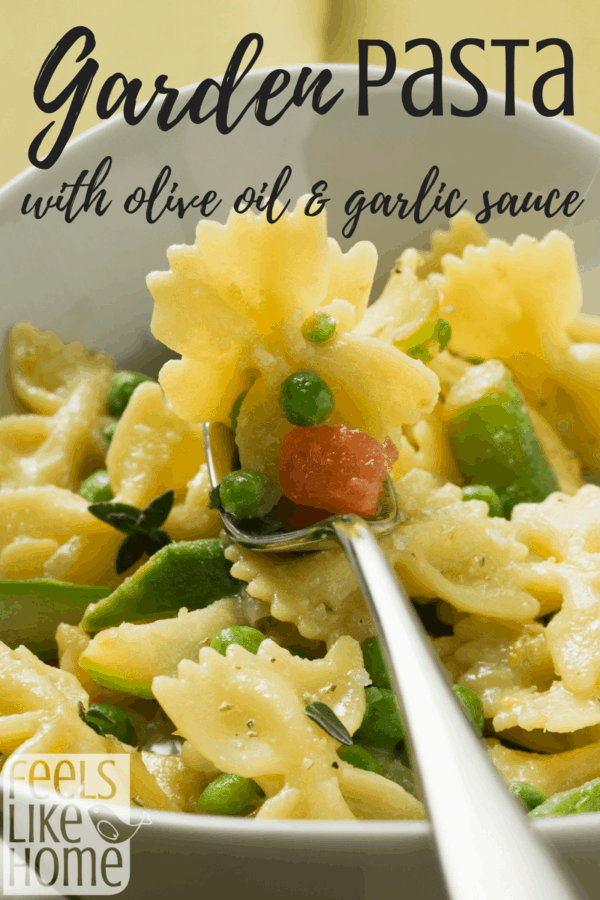 A close up of garden pasta on a fork