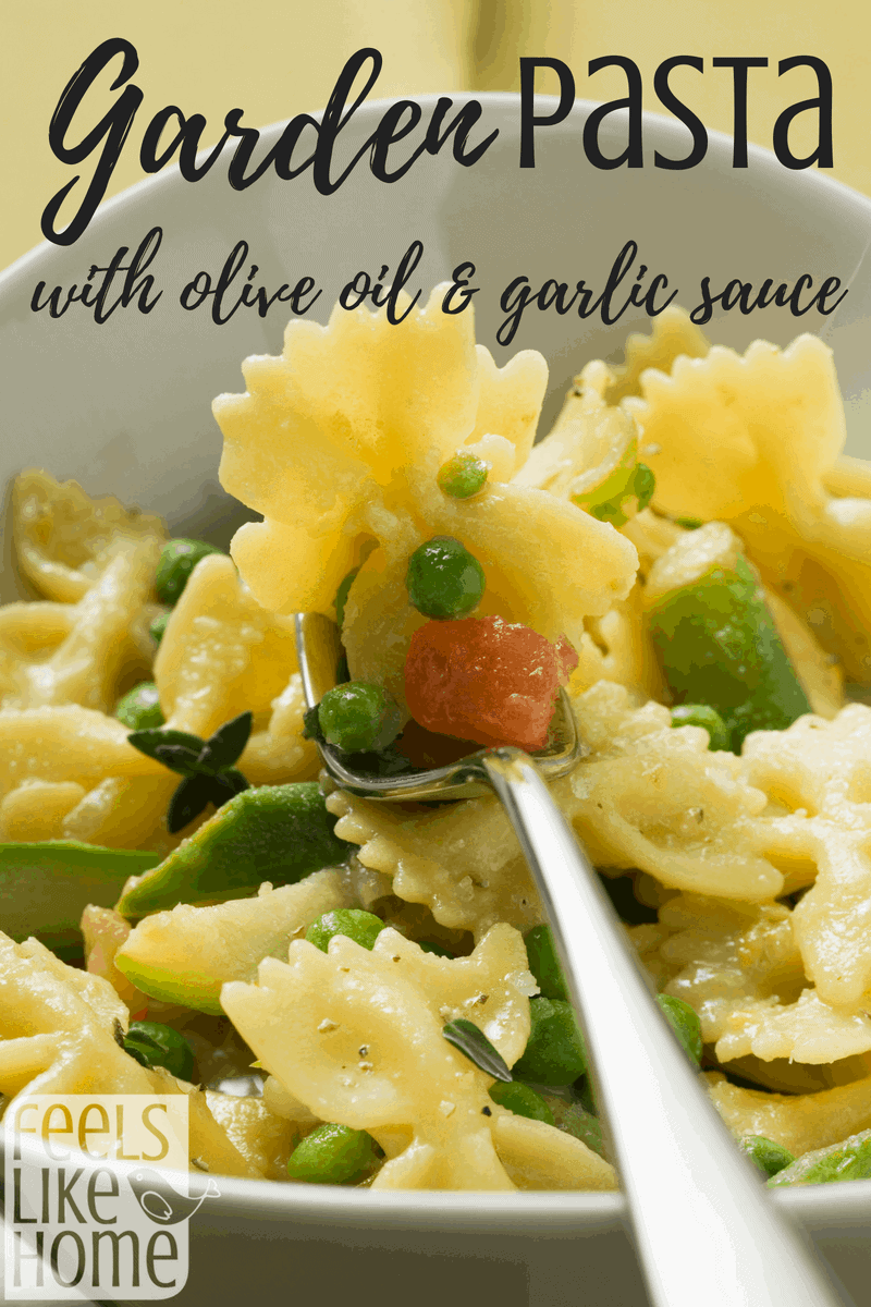 A close up of garden pasta on a fork