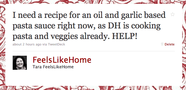 a Tweet about garlic and oil pasta sauce