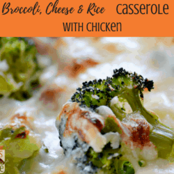 cheese and broccoli with the title "broccoli, cheese, & rice casserole with chicken"
