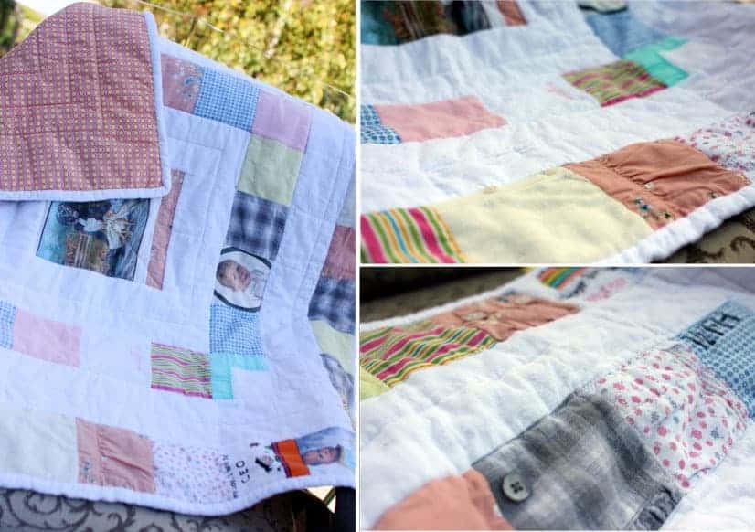 A collage of baby clothes quilts