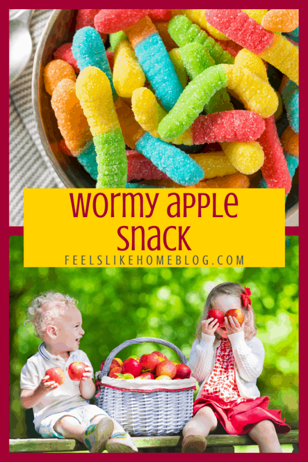 A collage of gummi worms and apples