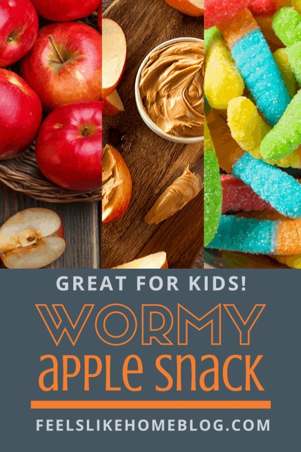 A collage of apples, peanut butter, and gummi worms