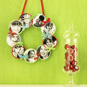 A photo wreath hanging on the wall
