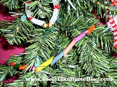 Dyed pasta garland on a Christmas tree