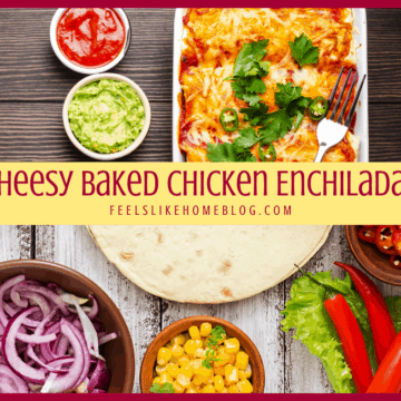 A close up of many different types of food, with Chicken and Enchilada